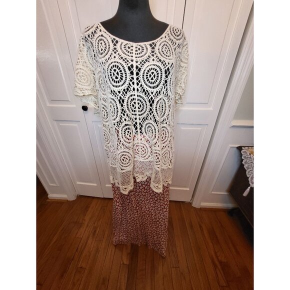 Ivory Crochet Short Sleeve Sweater L Boho Fairy Cottage Western Coastal Retro - Picture 5 of 6